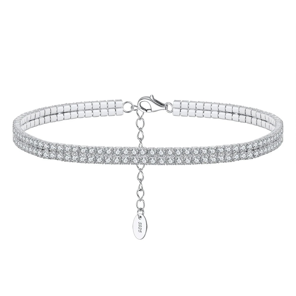 RINNTIN SA20 Fashion Jewelry 925 Sterling Silver 2mm and 2 Rows Tennis Chain Anklet for Women