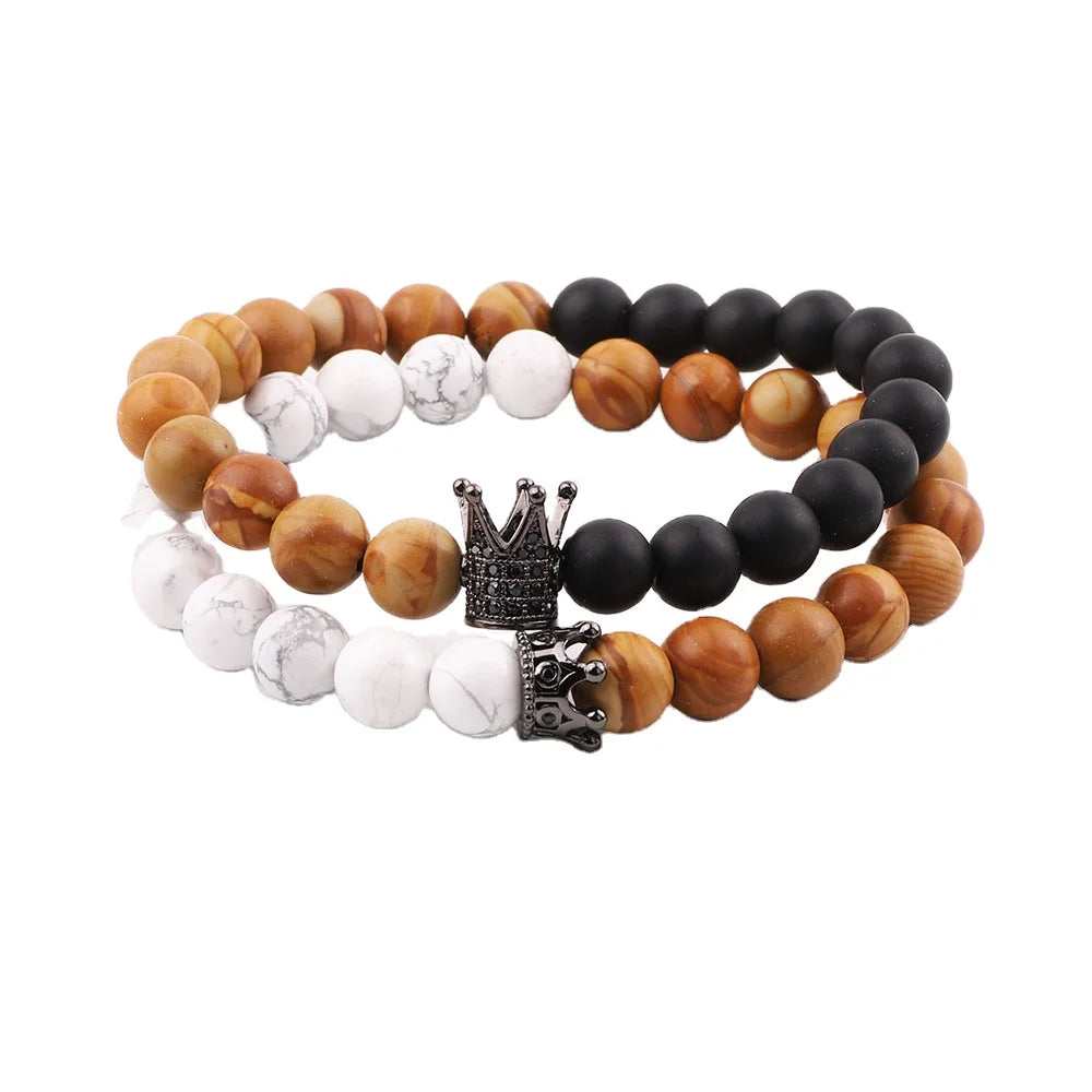 New Design Natural Stone Lava Stone Wooden Jasper Crown Charm Elastic Beaded Bracelet Set Women Men JBS12355