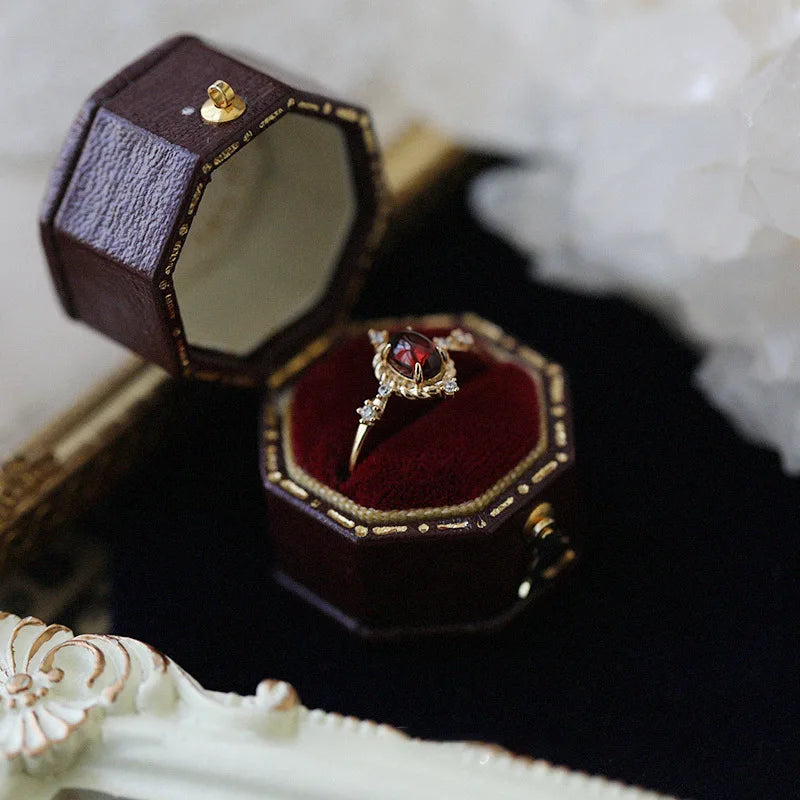 French Vintage Luxury INS Gold Plated 925 Sterling Silver Red Zircon Engagement Finger Rings for Women Jewelry
