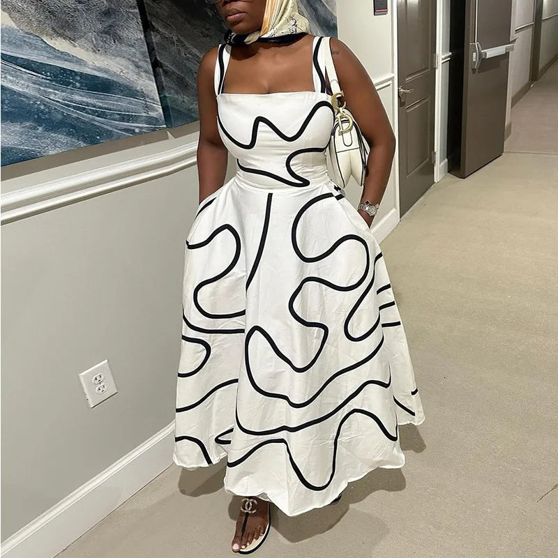HK7527 Best-Selling Summer Dresses Women Casual Square Collar Waist Slim Printed Strap Dresses for Girls