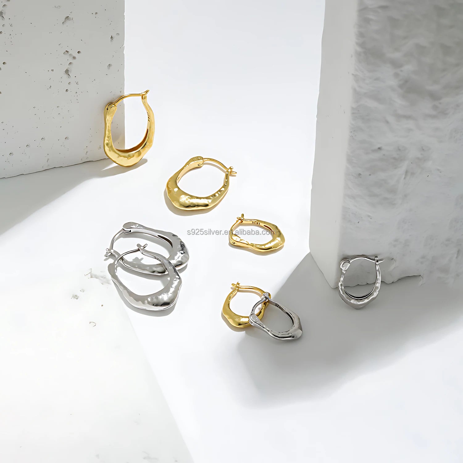 925 Sterling Silver Hammered Texture Hoop Earrings Modern Sculptural Minimalist Teardrop Shape Rhodium for Women's Wedding