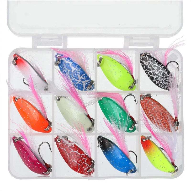SEASKY Culter Feather High Carbon Hook Trout Area Micro Spoons 12pcs Fishing Spoon Combo Kit