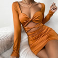 New Arrival Long Sleeve Deep V Neck Hollow Out Pleated Mini Sexy Female Parti Night Club Dresses Women