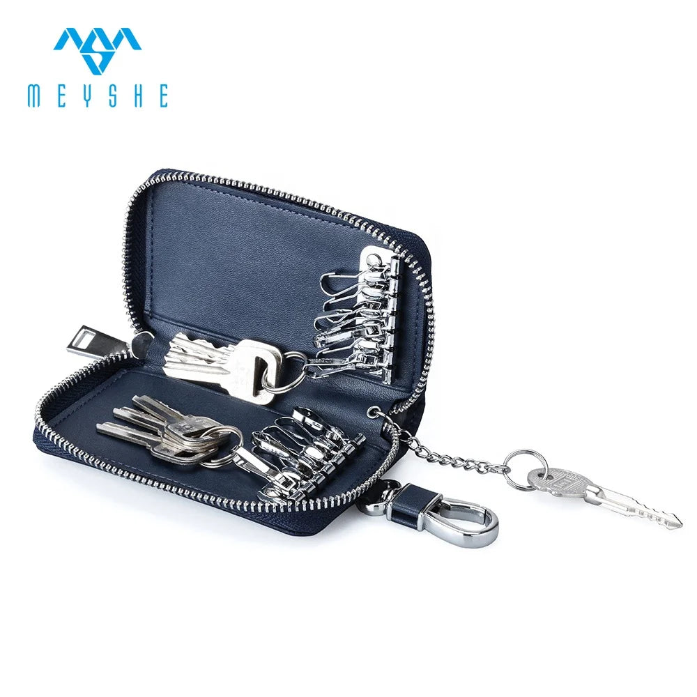 Factory Custom Logo Car Key Case with Blue Zipper Leather Key Holder Bag for Men Premium Quality Key Wallets