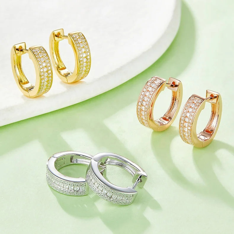 K008A Abiding Light Luxury Rose Yellow Gold Plated 925 Silver Half Pave 3 Rows Micro Insert Moissanite Circle Hoops Earrings