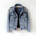 Spring Autumn Women Basic Coats Women Denim Jacket Pearls Beading Fashion Jeans Coat Loose Long Sleeve Jackets