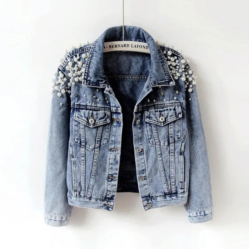 Spring Autumn Women Basic Coats Women Denim Jacket Pearls Beading Fashion Jeans Coat Loose Long Sleeve Jackets