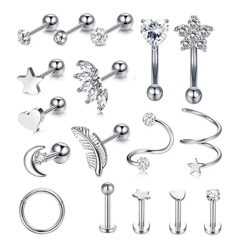 Fashion 17-Piece Unisex Stainless Steel Clip-On Earrings Set White/Rose Gold Plating Heart-Shaped Design Zircon Main Piercing