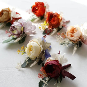 Custom Fabric Handmade Artificial Peony Flower Wedding Brooch Pin Boutonniere and Wrist Corsage for Party