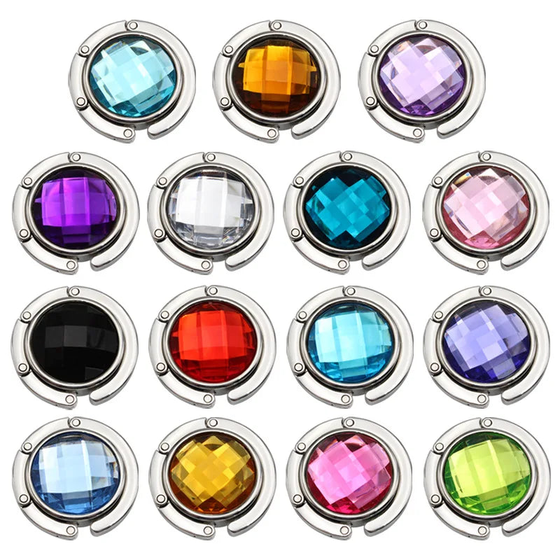 Zinc Alloy Glass Fashion Comfortable Purse Handbag Hook Table Student Deskside Crystal Folding Bag Hanger 17 Colors Custom Logo