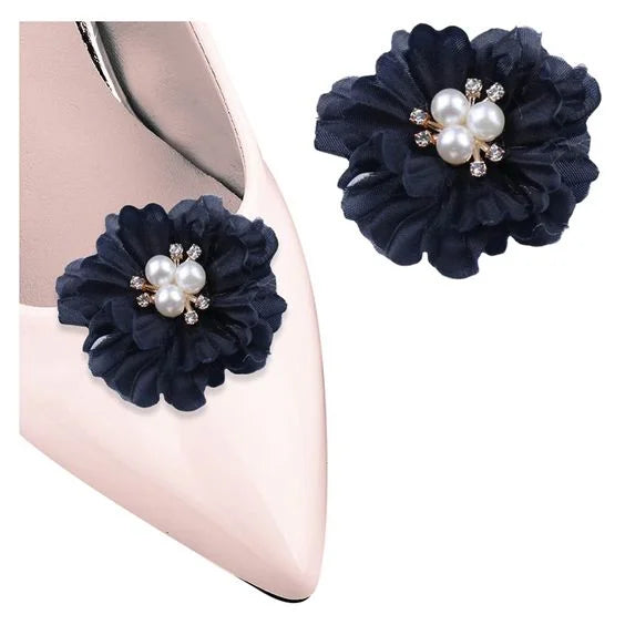 Modern Black Red Flower Fabric Gauze Pearls Shoe Clips for Vamp Shoelace Decor Lady Shoes Accessories