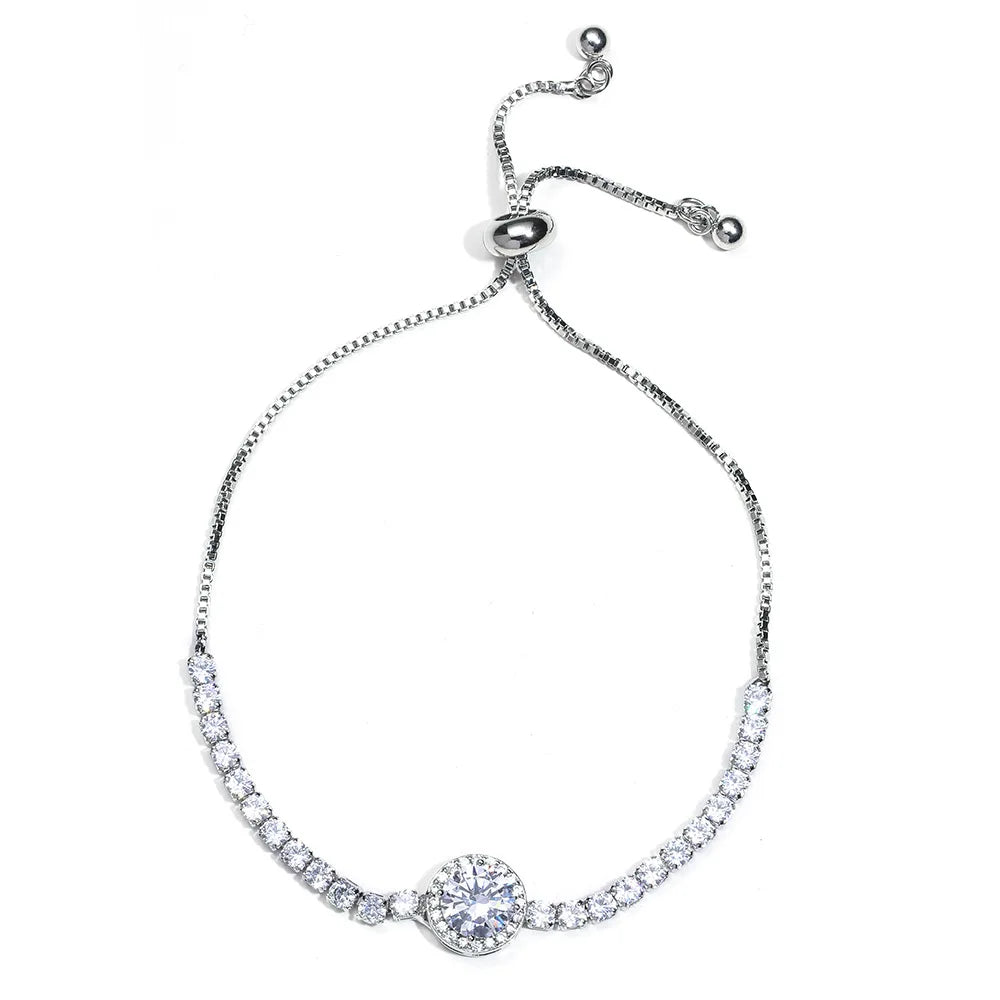 Delicate Round Crystal Cubic Zircon Bracelet for Women High Quality White Gold Adjustable Pull-Tie Cute Style for Gift