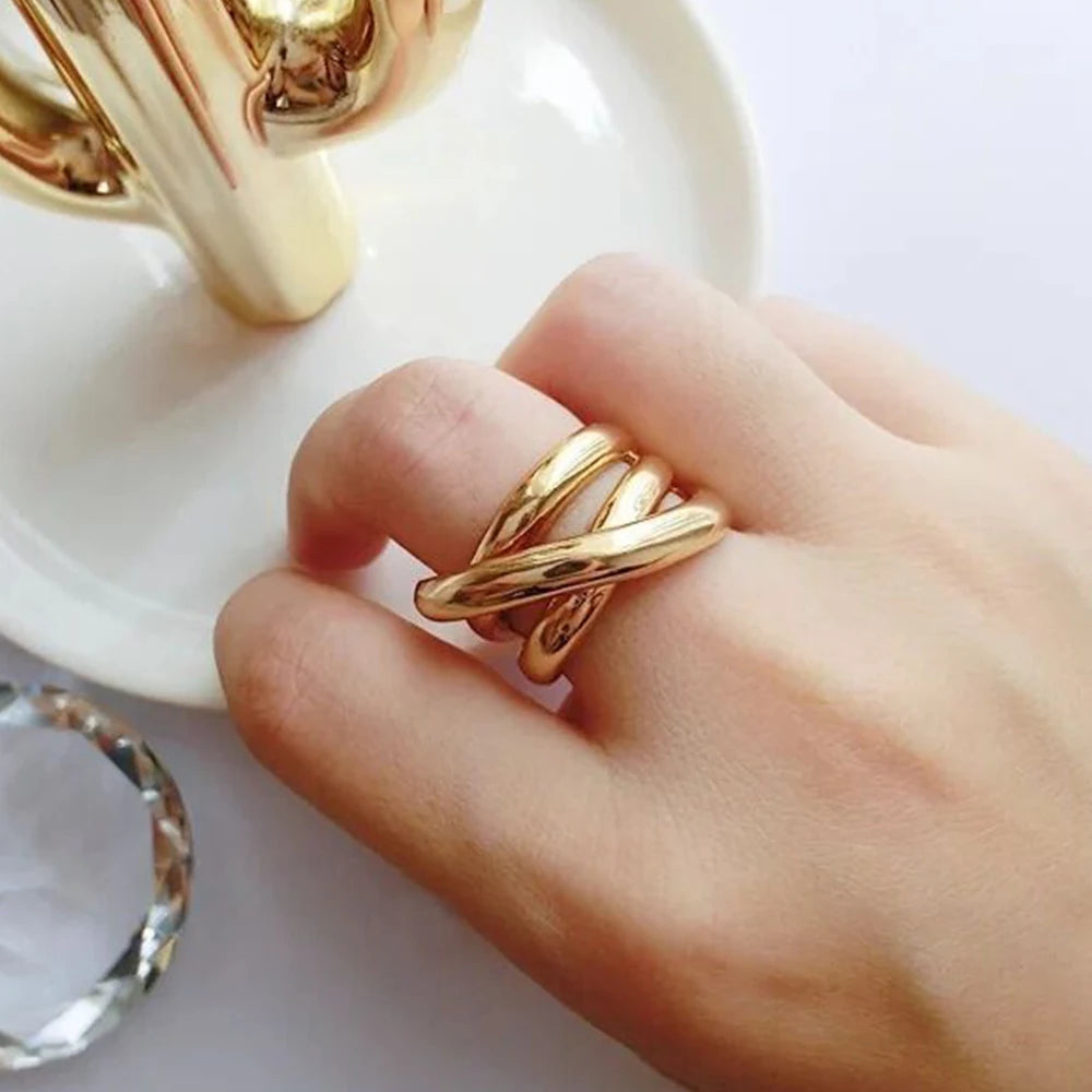 E-Manco Trendy Stainless Steel 316 Rings Cross Multilayer Braided Ring Fashion Gold Plated Big Ring for Women