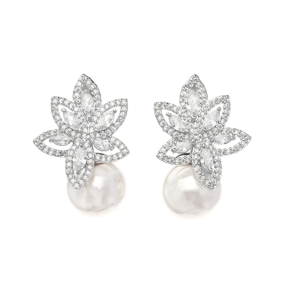 Hot Sale Fashion Pearl White Zircon Earrings Fine Brass Crystal Marquise Cubic Studs Trendy for Parties Weddings Gifts