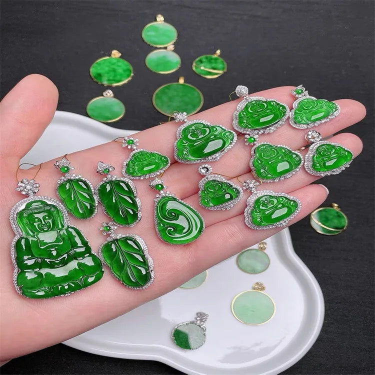 Jade Buddha Sun Green Landscape Pendant Dragon Brand Full Green Jade Goddess Leaf Cabbage Floating Flowers Safety Buckle Pendant