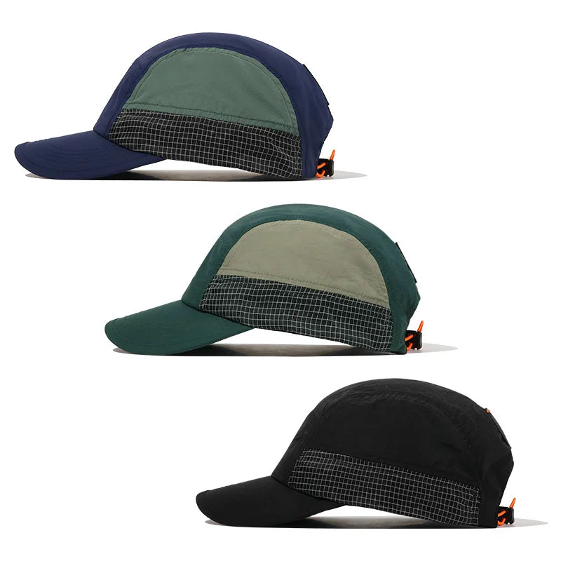 New Drawstring Elastic Quick Drying Duck Tongue Hat Patchwork 5 Panel Flap Hat Breathable Baseball Camper Caps
