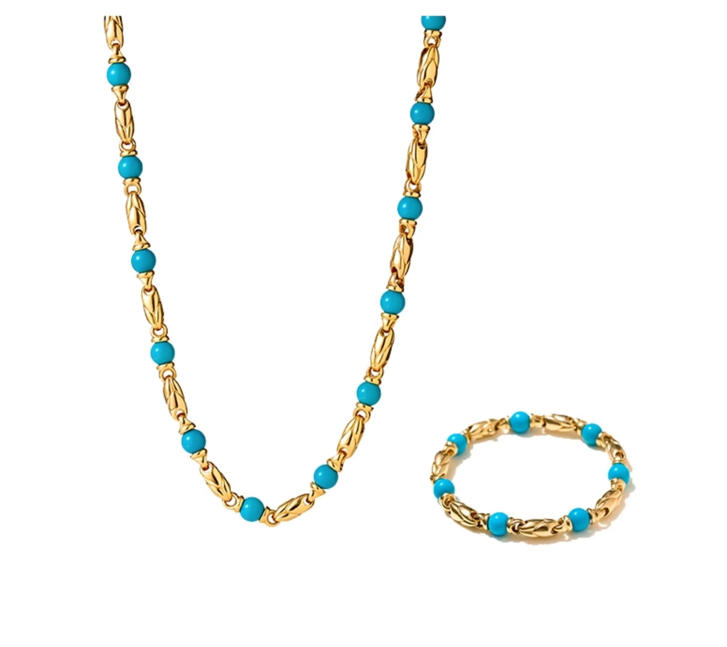 RUYI 18K Gold Jewelry Set Mix Style Blue Turquoise Pendant with Diamond Necklace and Bracelet