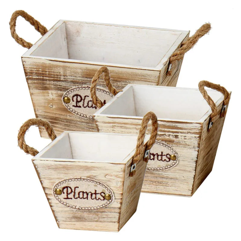 Set of 3 Rustic Square Wooden Planter Boxes with Handles for Home Desktop Garden Nursery Flower Pot Plant Pot Rustic Design