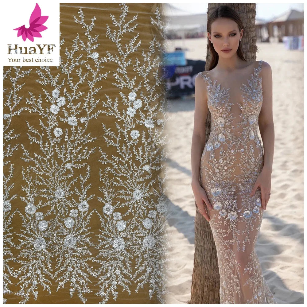 2021 French Tulle Fabrics White Bridal Net Lace With Beads and Sequins for Wedding Dress   HY1397-2