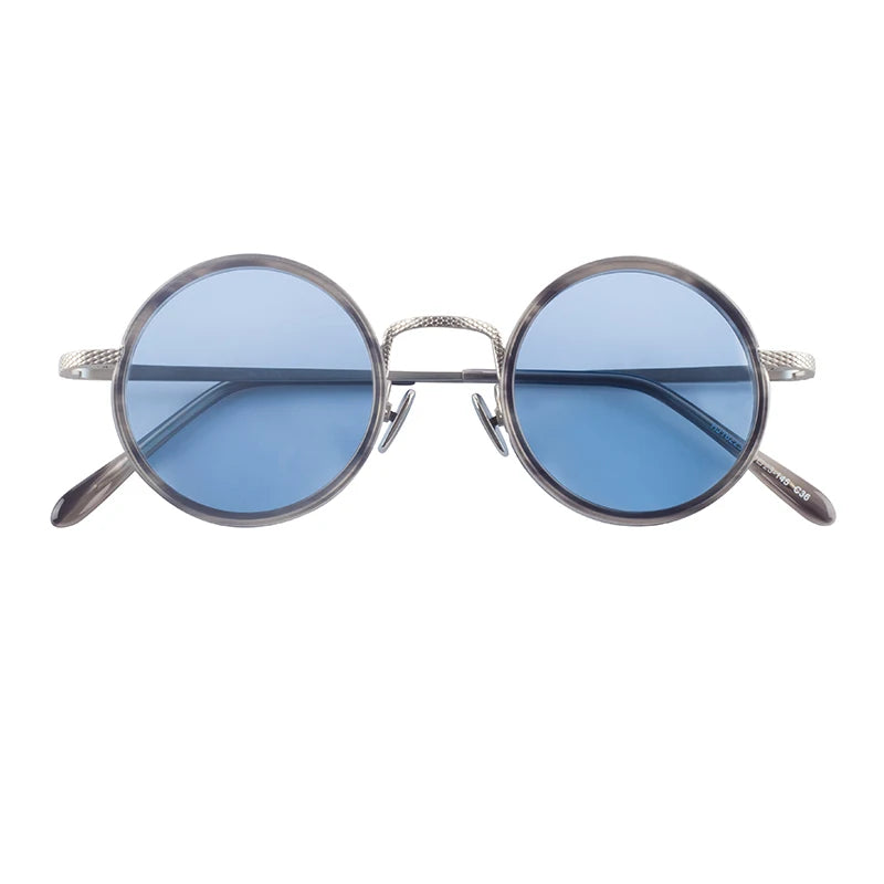 Fashion Style Light Grey Round Frame UV400 Translucent Blue Lens Acetate Sunglasses Comfortable Unisex