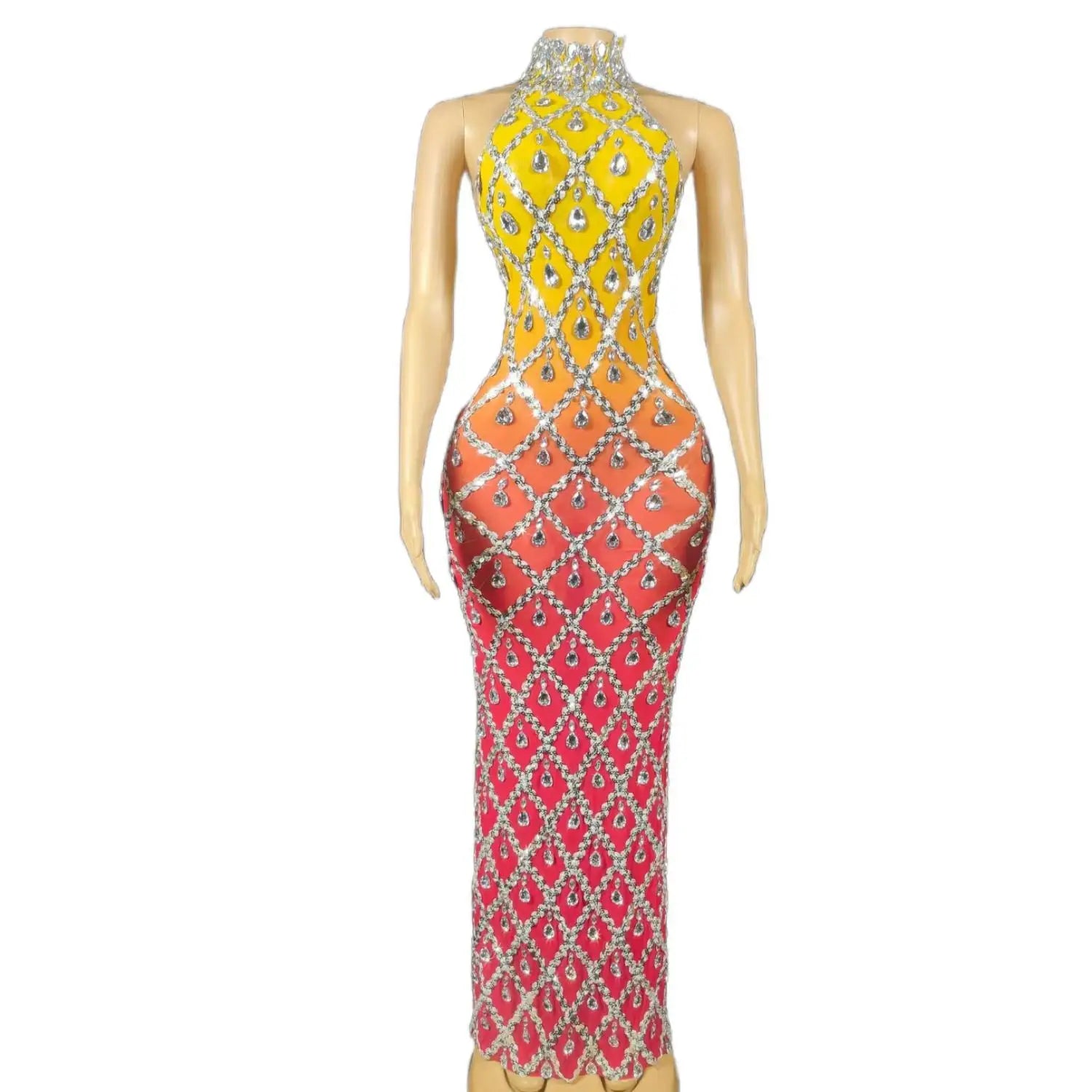 Sexy See Through Crystals Party Gowns Backless Pageant Birthday Wedding Guest Dress Glitter Women Formal Maxi Evening Dress