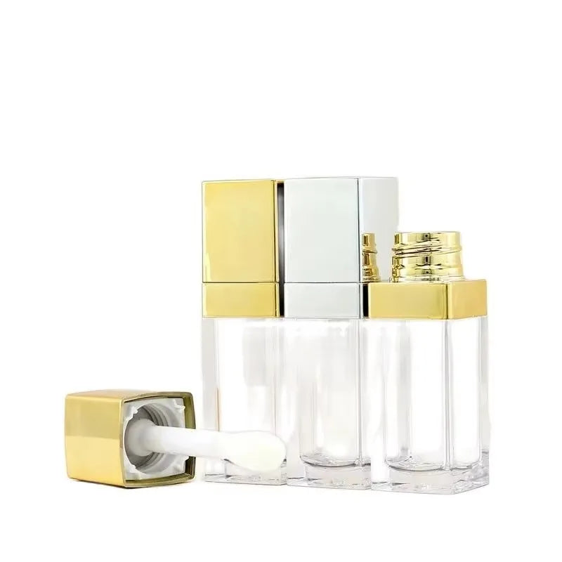 Clear Square Lip Gloss Bottle Big Brush 8ml Empty Gold Silver Lid Plastic Lip Glaze Wand Lipgloss Tubes