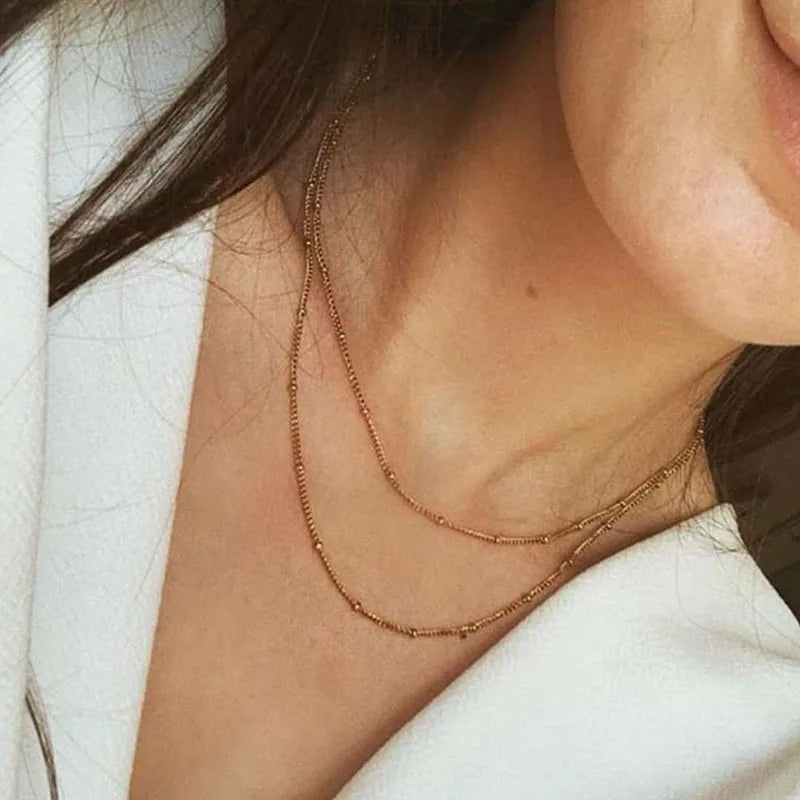 High End Gold Finish Dainty Bead Dainty Layered Necklace Stainless Steel 18K Gold Plated Chain Necklace