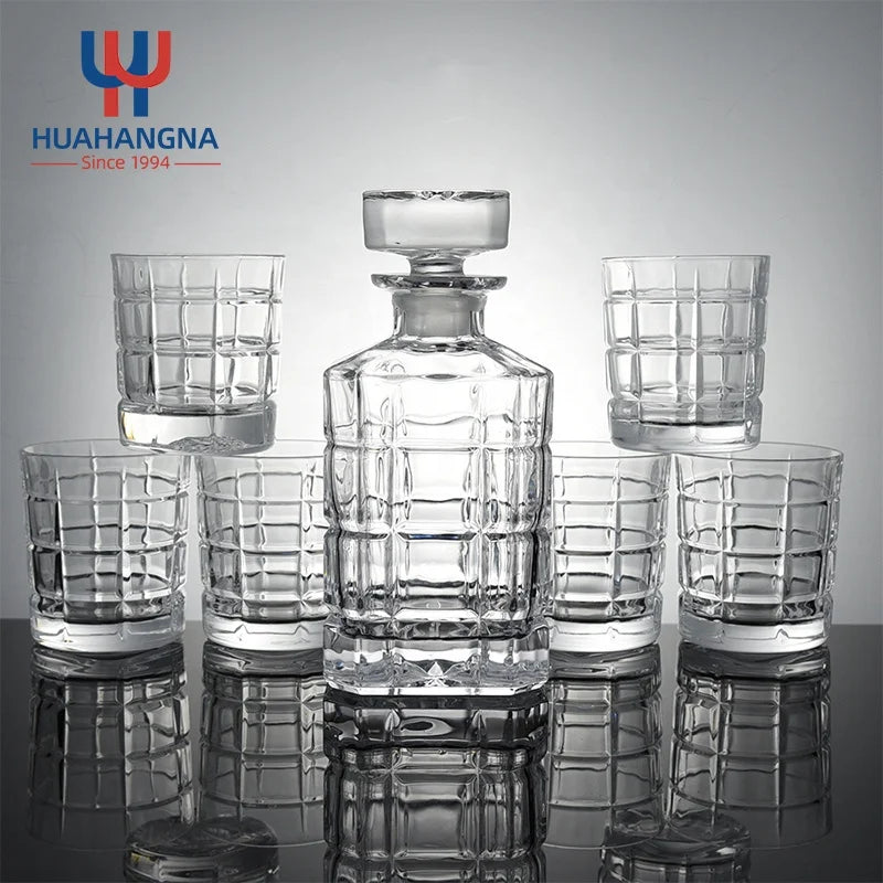HUAHANGNA 7 Pack 750ml Lead-Free Transparent Crystal Glass Whiskey Decanter Set with Glasses in Gift Box Low MOQ Unique Design