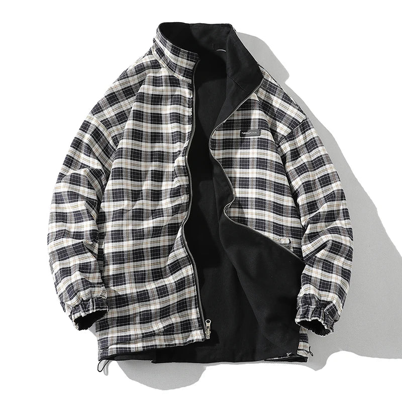NEW Fashion Men's Reversible Wind Breaker Hooded Buffalo Plaid Fleece Thin Breathable Quick Dry Jacket