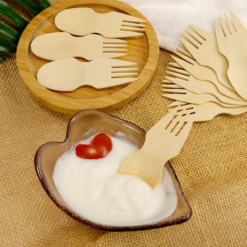 Natural Biodegradable Eco-Friendly Sustainable Modern Bamboo Ice Cream Scoop Short Dessert Fork Spoon in One Piece for Camping