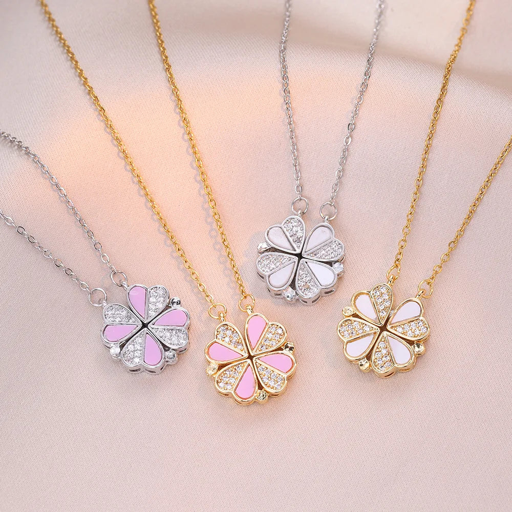 Lucky Four Leaf Clover Pendant Necklace Stainless Steel Crystal Gold Silver Magnet Resin Match Heart Charm Jewelry Women Gift