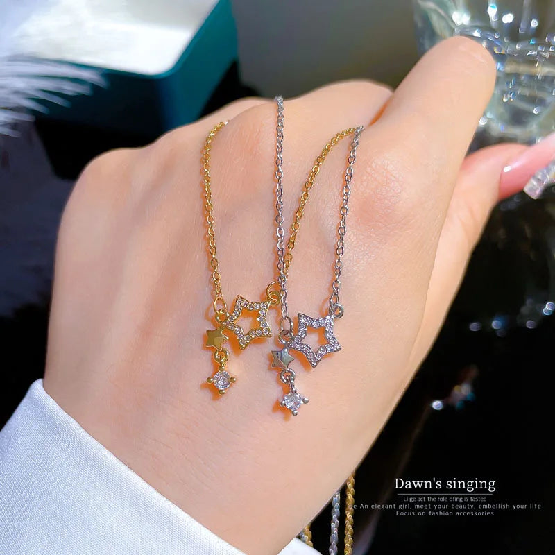 Personality Stainless Steel Rhinestones Hollow Star Pendant Necklace Gold Plated Zircon Crystal Pendant Titanium Steel Necklace