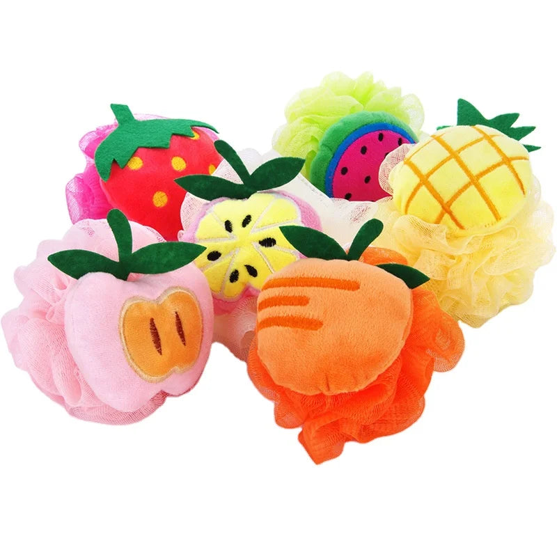 Kids Bath Plastic Shower Sponge Flower Shape Fruit Designs Mesh Pouf Exfoliating Clean Body Shower Scrubber Bath Ball