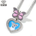 Cute Butterfly Hook Heart Shape Photo Pendant Iced Out Diamond Couples Necklace Brass 18K Gold Plated 5A CZ Hip Hop Jewelry