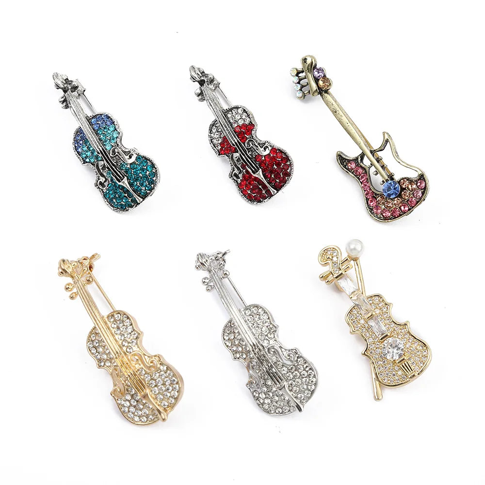 Jachon 6 Styles of Violin Musical Instrument Brooch Ladies Guitar Bass Diamond Brooch Vintage Clothing Brooch for Decoration