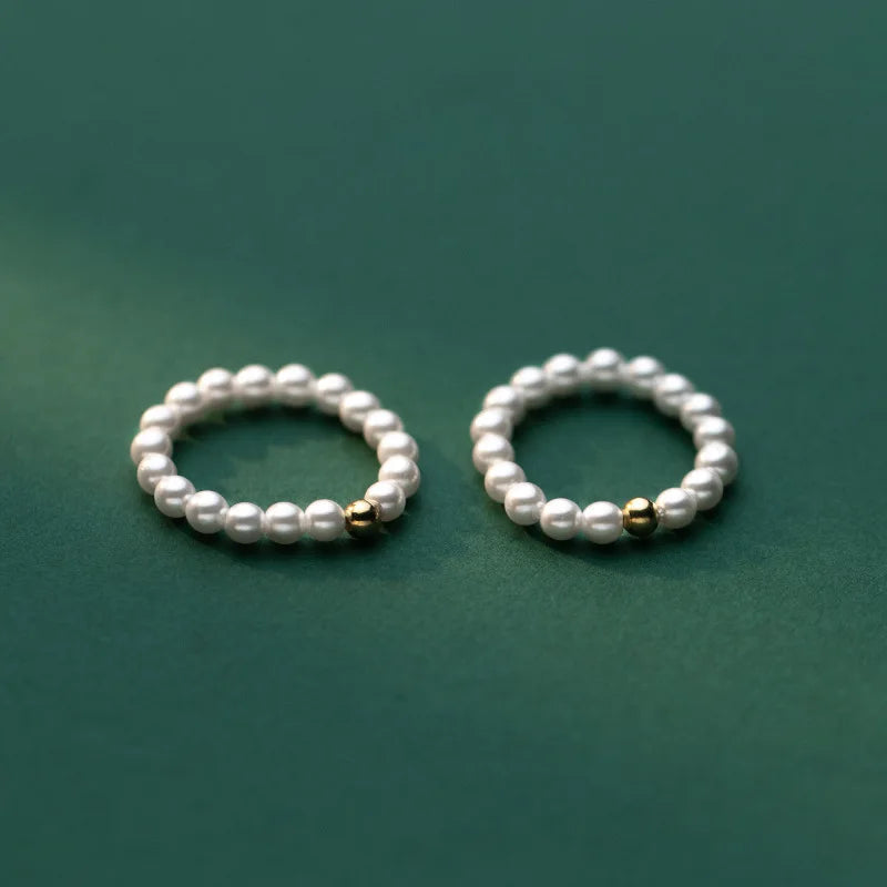 Cute Beaded 925 Sterling Silver Beads Shell Pearl S925 Elastic Ring Jewelry Women J9590