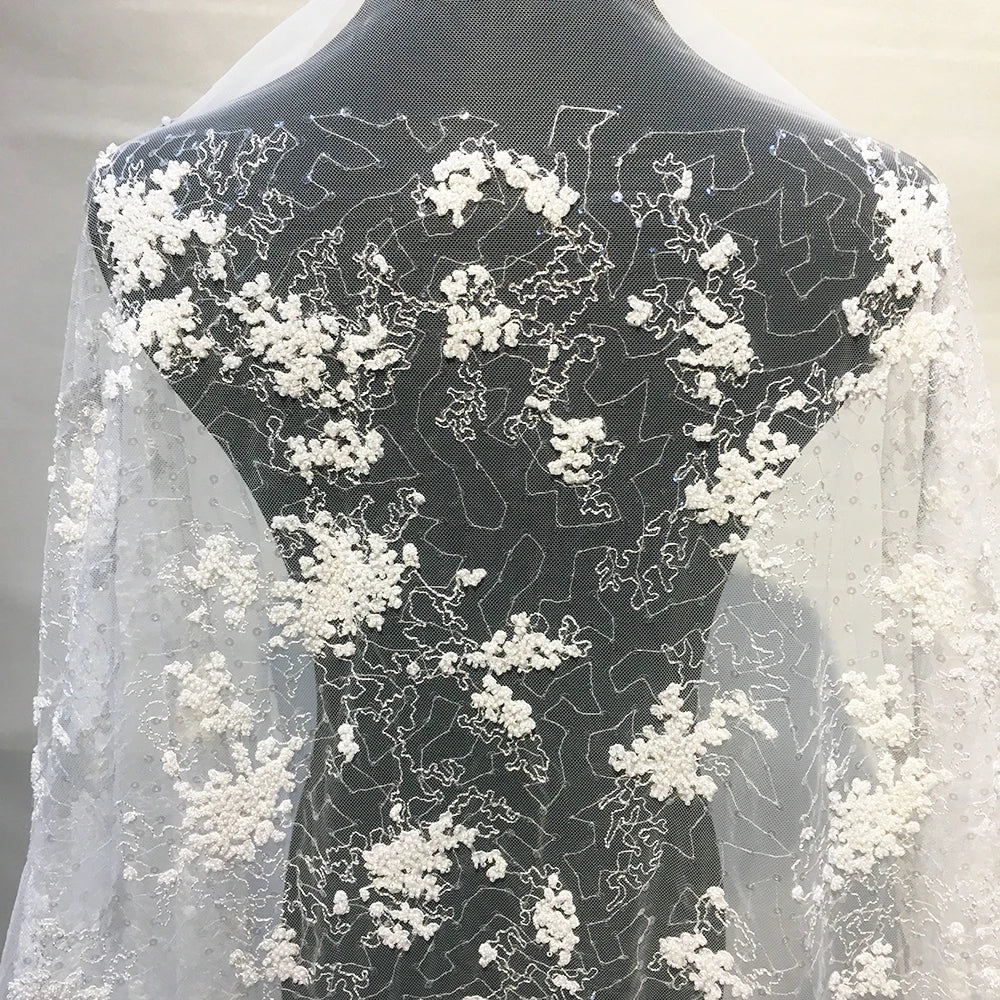 Factory Manufacturer 3D Lace Fabric Beaded White Bridal Tulle Lace Fabric High-end Embroidery