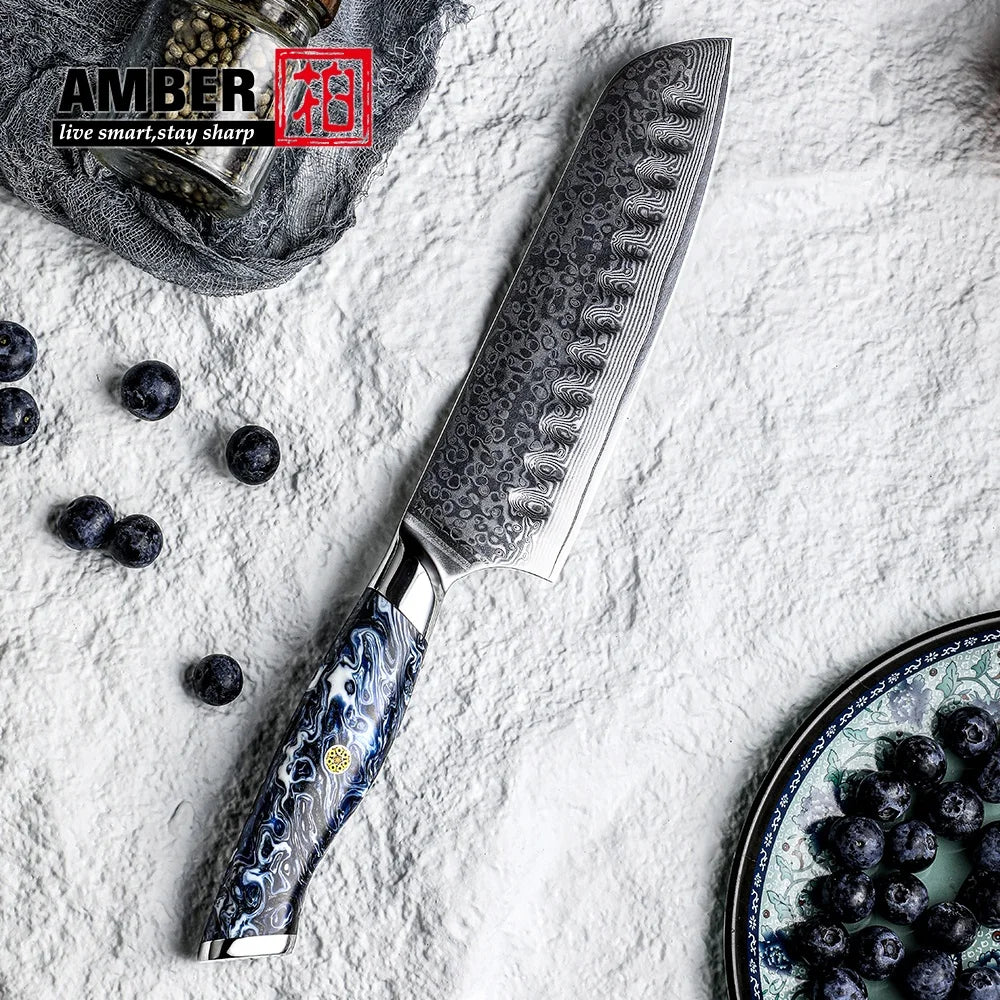 Amber Wholesale VG10 Kitchen Knives 7inch Santoku Knife 67 Layers Damascus Steel Knives with Resin Handle