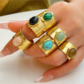 Stainless Steel Green Crystal Natural Stone Opening Ring Statement Golden 18 K Plated Ring Bohemia Ring for Women Men
