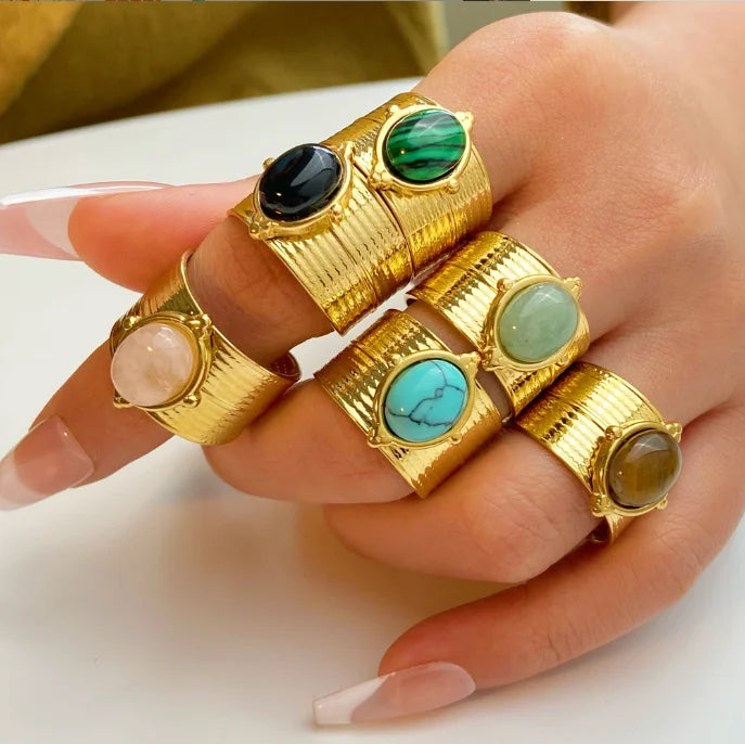 Stainless Steel Green Crystal Natural Stone Opening Ring Statement Golden 18 K Plated Ring Bohemia Ring for Women Men
