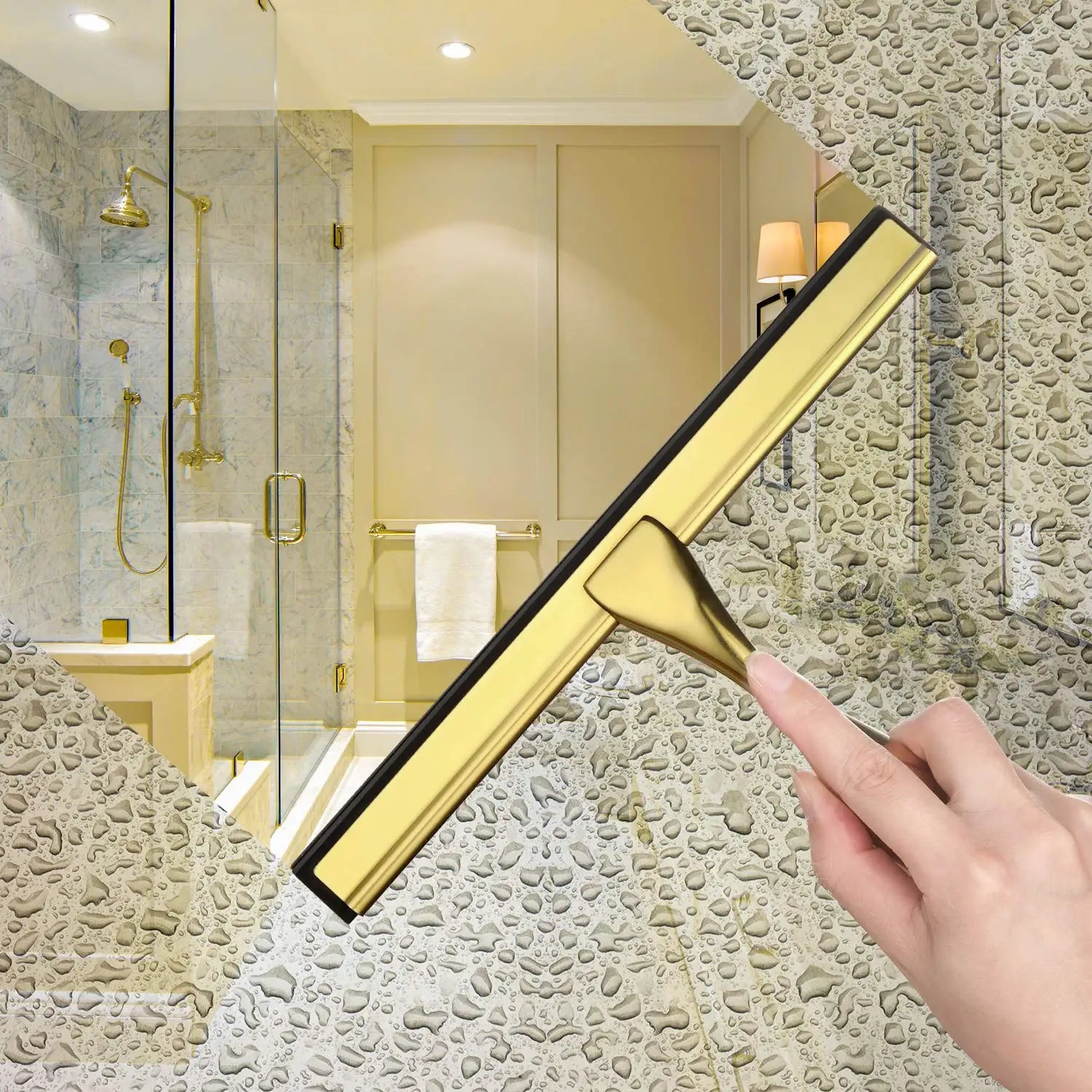Shower Wiper Handle Silicone Blade Squeegee for Household Cleaning and Car Window Stick Hook Shower Brush Gold with Steel 1 PCS