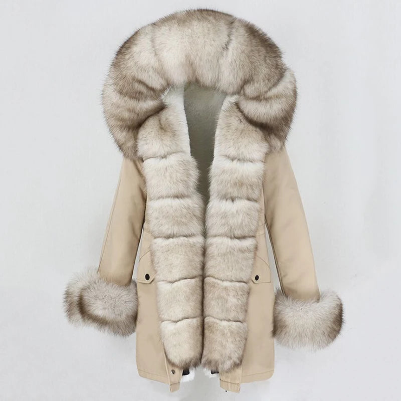 OFTBUY 2024 Casual Style Winter Women's Fashion Loose Long Overcoat Detachable Fox Fur Collar Snowproof Parkas Big Fur Outerwear