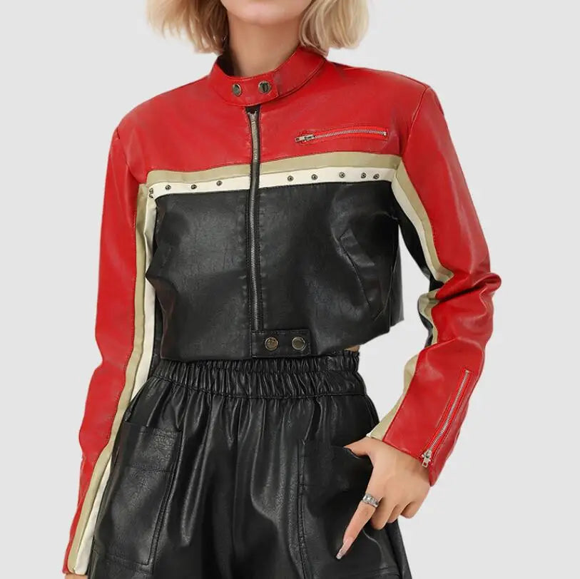 Women Jacket Fashion Punk Bike Colorblock Zipper Studded Detail Crop PU Leather Moto Jacket Y2K Short Outerwear for Female
