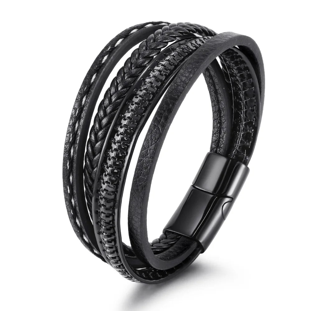 Wholesale Hot Fashion Personalized Handmade Woven Multilayer Magnetic Buckle Design Leather Bracelet Jewelry for Men