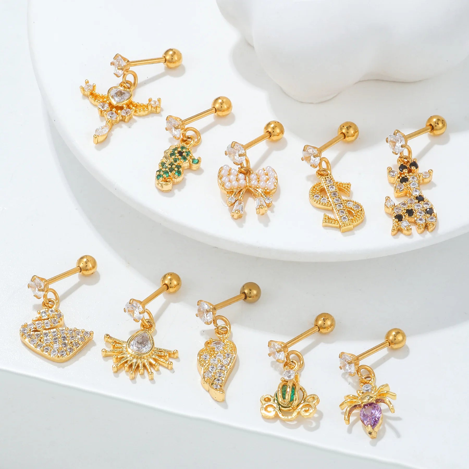 Personality Simple Gold Plated Brass Pendant Earrings Korean Jewellery Fashion Stud Earrings Zircon Piercing Bone Studs