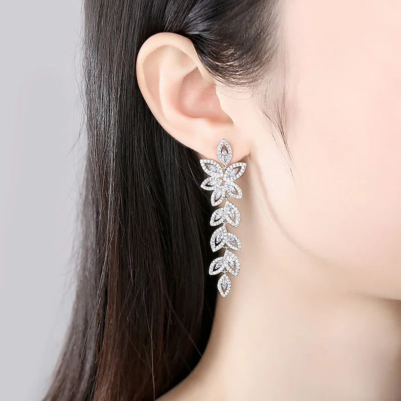 SLBRIDAL Ins Style Pave Setting Fashion CZ Crystal Leaf Women Girl Earrings Cubic Zircon Earring Bridal Wedding Dangle Earrings