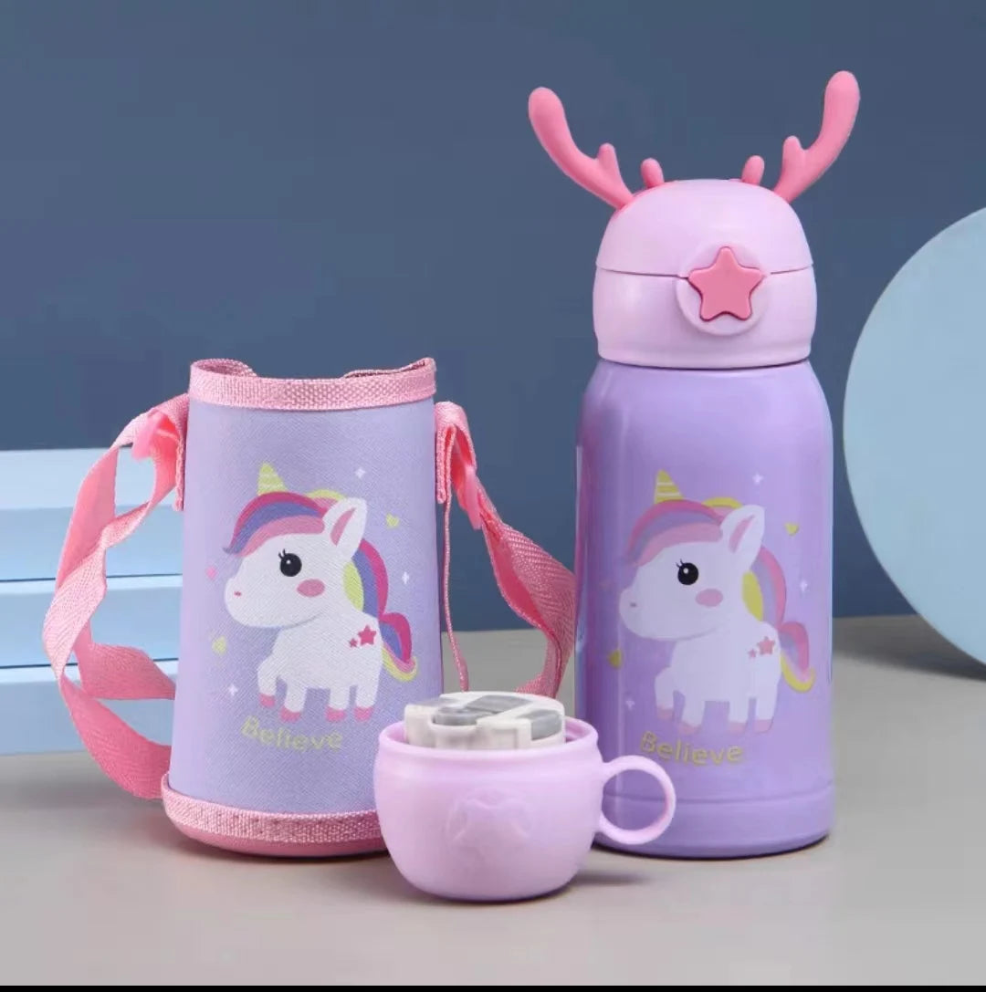 500ml Cartoon 316 Stainless Steel Deer Horn Insulation Bottle Cute Bouncing Straw Water Bottle
