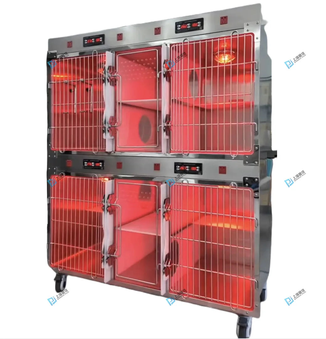Pujia Animal Cage Veterinary Cage Stainless Steel Oxygen Chamber Cage Infrared Lamps Heating Cage Banks for Veterinary Clinics