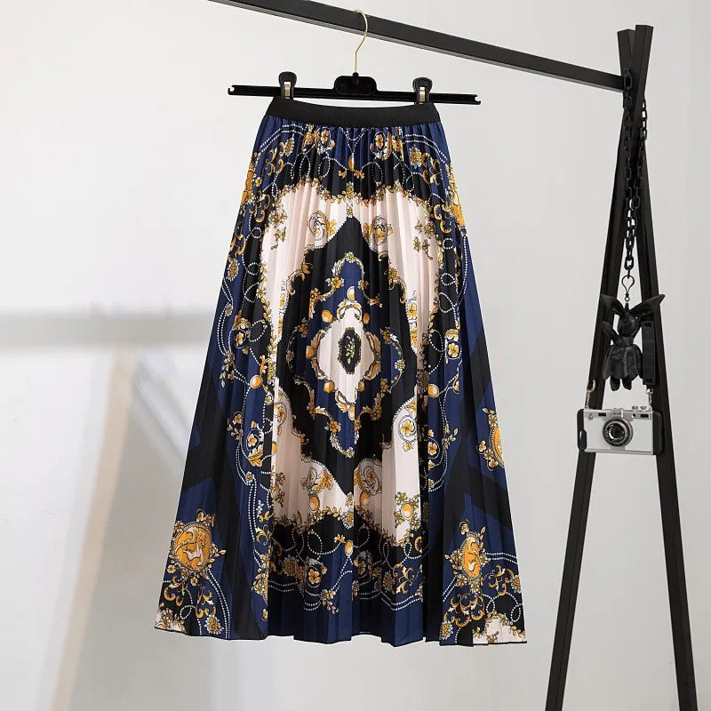 Fashion Print Women Elegant Skirt High Waist Pleated Midi Dress New Lady Spring Summer A-Line Skirts