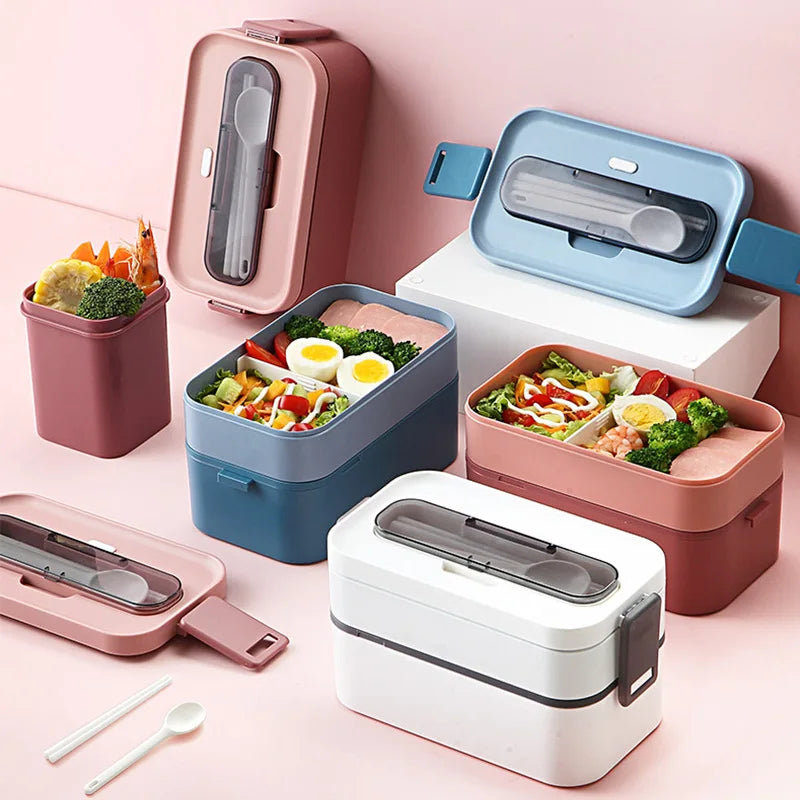 Wholesale Custom Print Portable 2 Layer Reusable Bpa Free Microwaveable Food Packaging Camp Salad Kids Bento Lunch Box for Adult